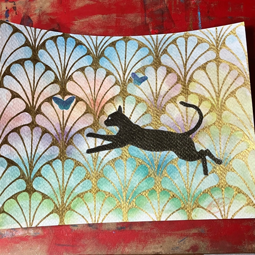 Original cat painting butterflies art nouveau hold accent decor Artettina USA - Picture 7 of 8